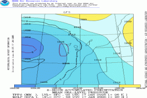 Mapa de presion en sfc y precipitacion. lunes 17 enero