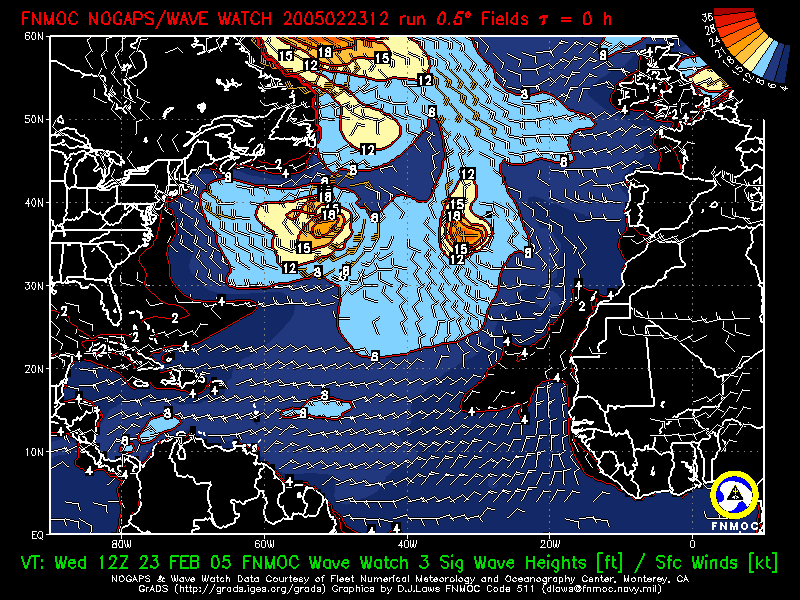 product: FNMOC Wave Watch 3 Sig Wave Heights [ft] ; Over Ocean Sfc Winds [kt], area: Atlantic, tau: 000 