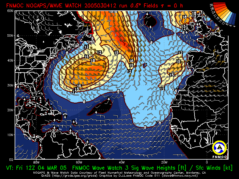 product: FNMOC Wave Watch 3 Sig Wave Heights [ft] ; Over Ocean Sfc Winds [kt], area: Atlantic, tau: 000 