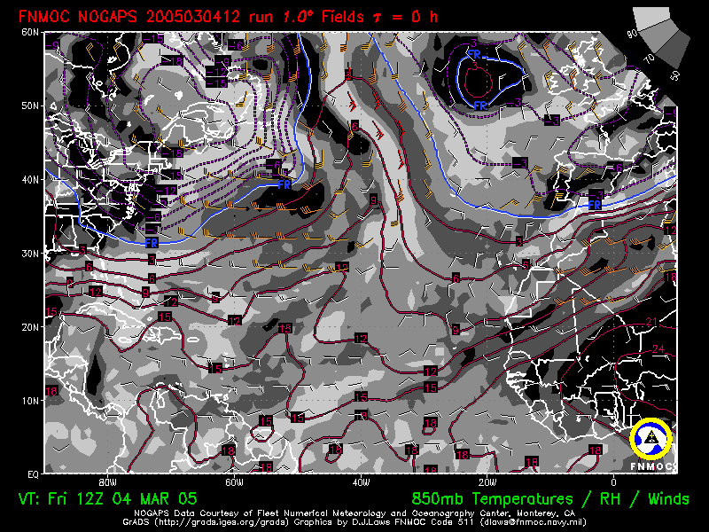 product: 850 hPa Temperature [C], winds [kts] and Rel. Hum. [%], area: Atlantic, tau: 000 