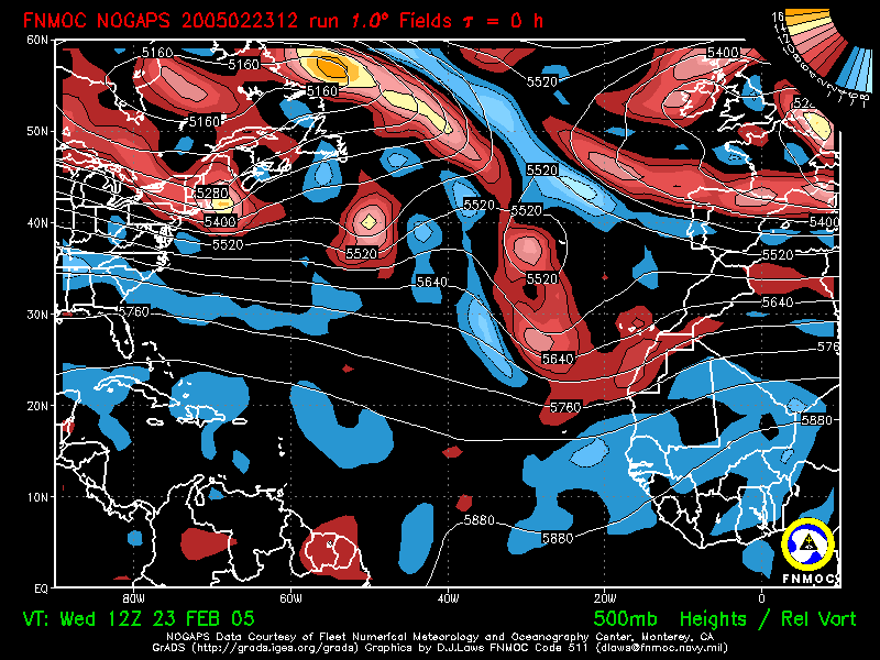 product: 500 hPa Heights [m] and Rel. Vort [10-5 s-1], area: Atlantic, tau: 000 