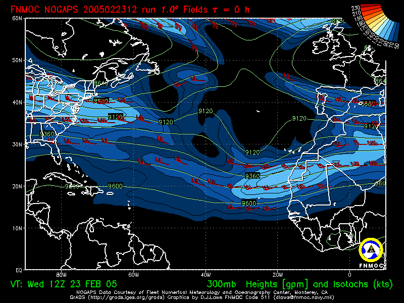 product: 300hPa Heights [m] and Isotachs [kts], area: Atlantic, tau: 000 