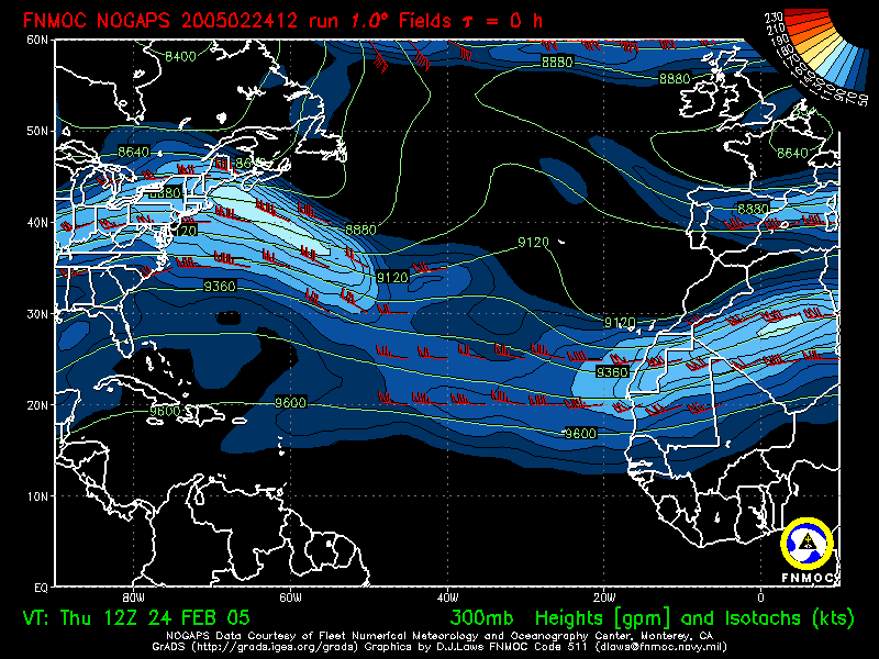 product: 300hPa Heights [m] and Isotachs [kts], area: Atlantic, tau: 000 