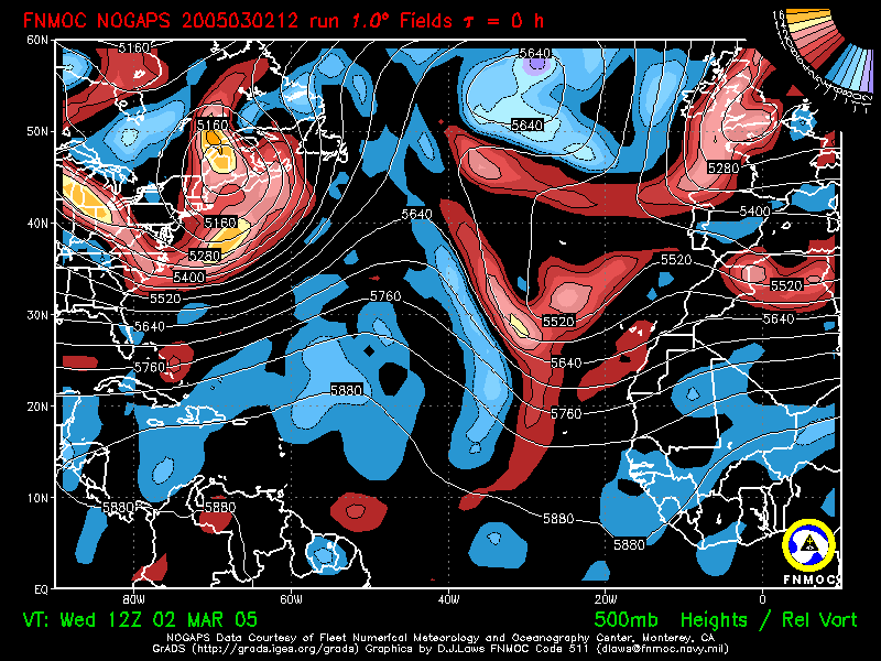 product: 500 hPa Heights [m] and Rel. Vort [10-5 s-1], area: Atlantic, tau: 000 