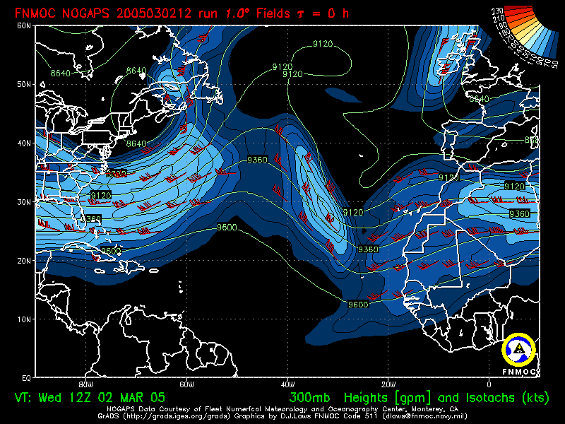 product: 300hPa Heights [m] and Isotachs [kts], area: Atlantic, tau: 000 