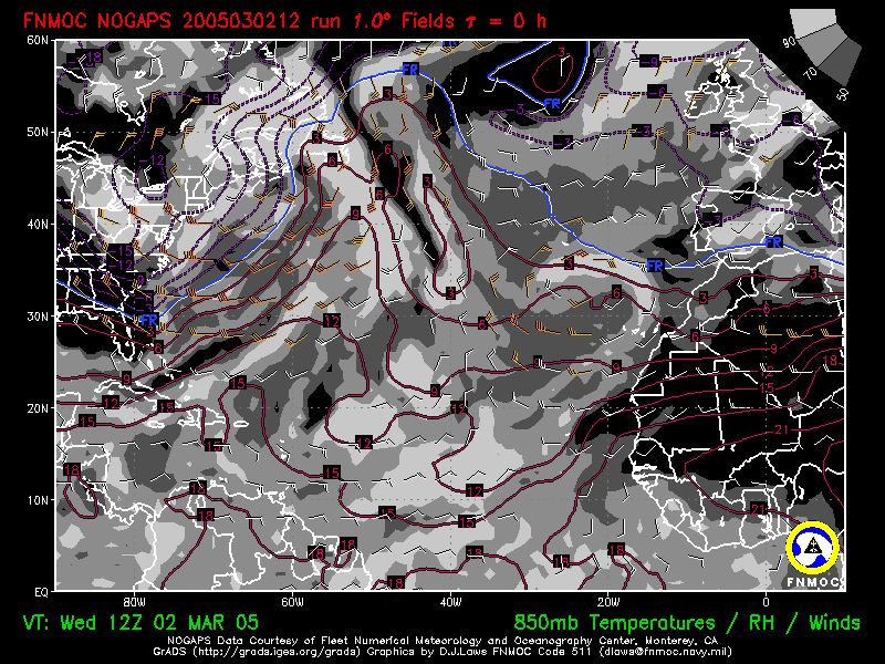 product: 850 hPa Temperature [C], winds [kts] and Rel. Hum. [%], area: Atlantic, tau: 000 