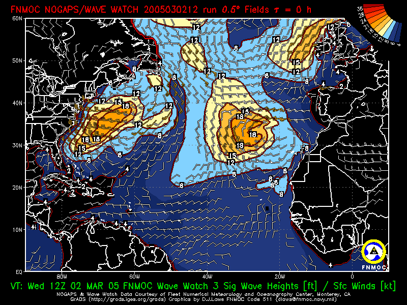 product: FNMOC Wave Watch 3 Sig Wave Heights [ft] ; Over Ocean Sfc Winds [kt], area: Atlantic, tau: 000 