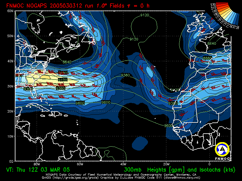 product: 300hPa Heights [m] and Isotachs [kts], area: Atlantic, tau: 000 