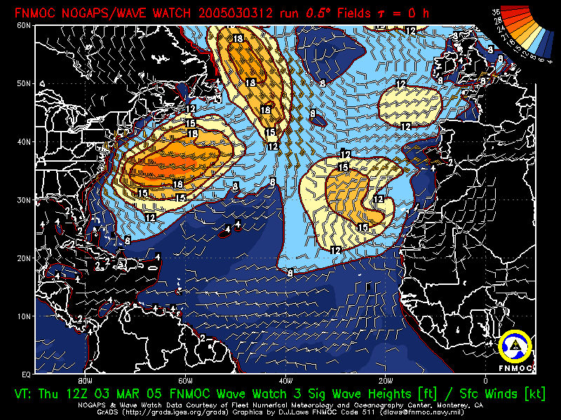 product: FNMOC Wave Watch 3 Sig Wave Heights [ft] ; Over Ocean Sfc Winds [kt], area: Atlantic, tau: 000 