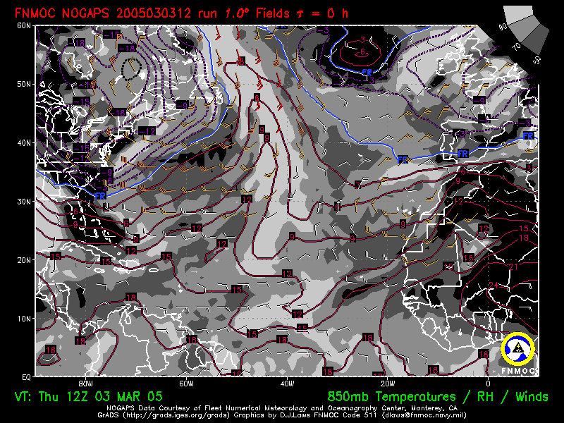 product: 850 hPa Temperature [C], winds [kts] and Rel. Hum. [%], area: Atlantic, tau: 000 