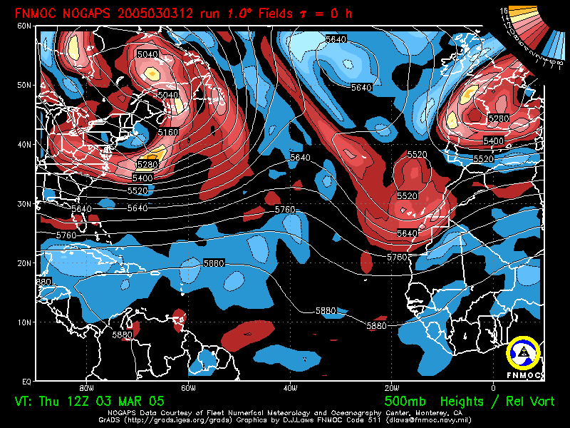 product: 500 hPa Heights [m] and Rel. Vort [10-5 s-1], area: Atlantic, tau: 000 