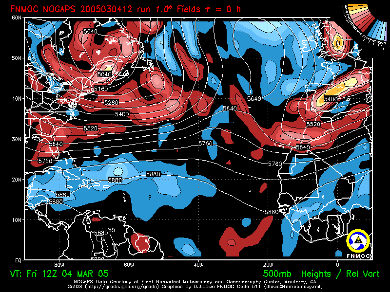 product: 500 hPa Heights [m] and Rel. Vort [10-5 s-1], area: Atlantic, tau: 000 