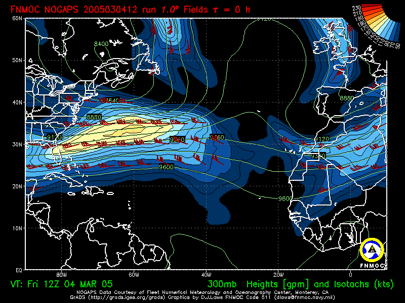 product: 300hPa Heights [m] and Isotachs [kts], area: Atlantic, tau: 000 