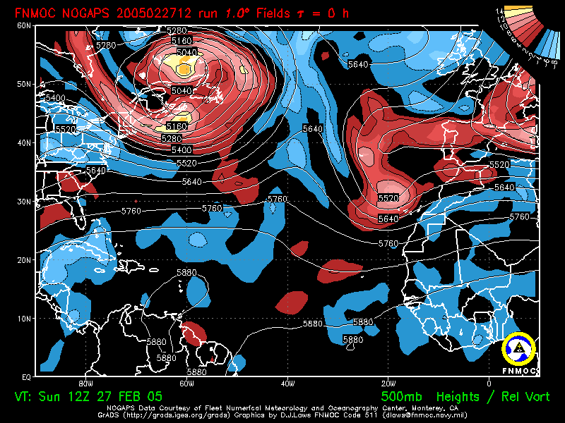 product: 500 hPa Heights [m] and Rel. Vort [10-5 s-1], area: Atlantic, tau: 000 