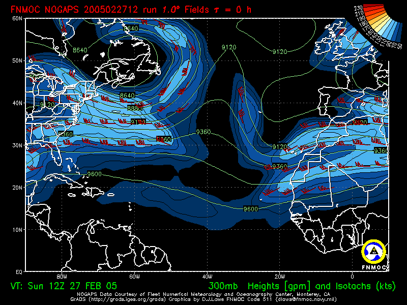 product: 300hPa Heights [m] and Isotachs [kts], area: Atlantic, tau: 000 