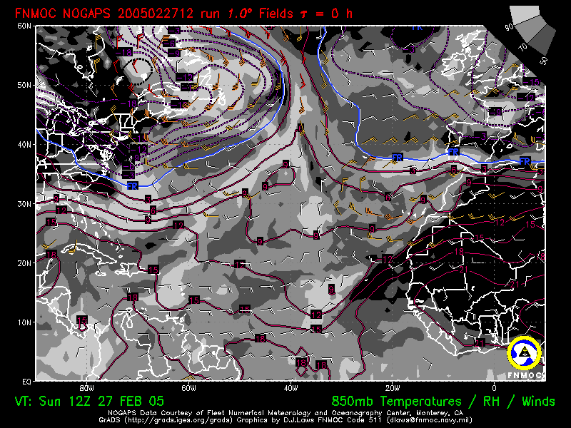 product: 850 hPa Temperature [C], winds [kts] and Rel. Hum. [%], area: Atlantic, tau: 000 