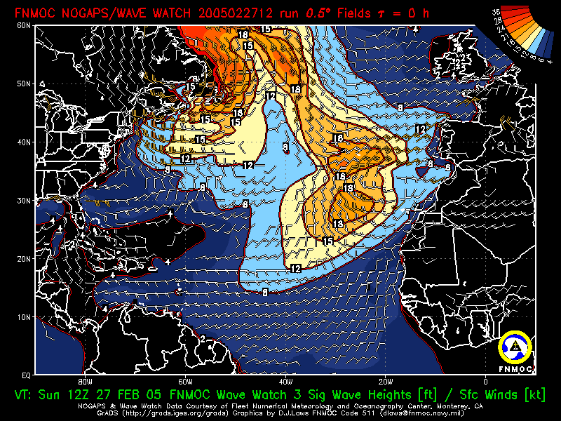 product: FNMOC Wave Watch 3 Sig Wave Heights [ft] ; Over Ocean Sfc Winds [kt], area: Atlantic, tau: 000 