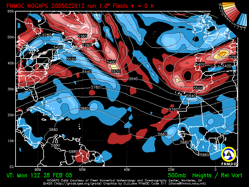 product: 500 hPa Heights [m] and Rel. Vort [10-5 s-1], area: Atlantic, tau: 000 