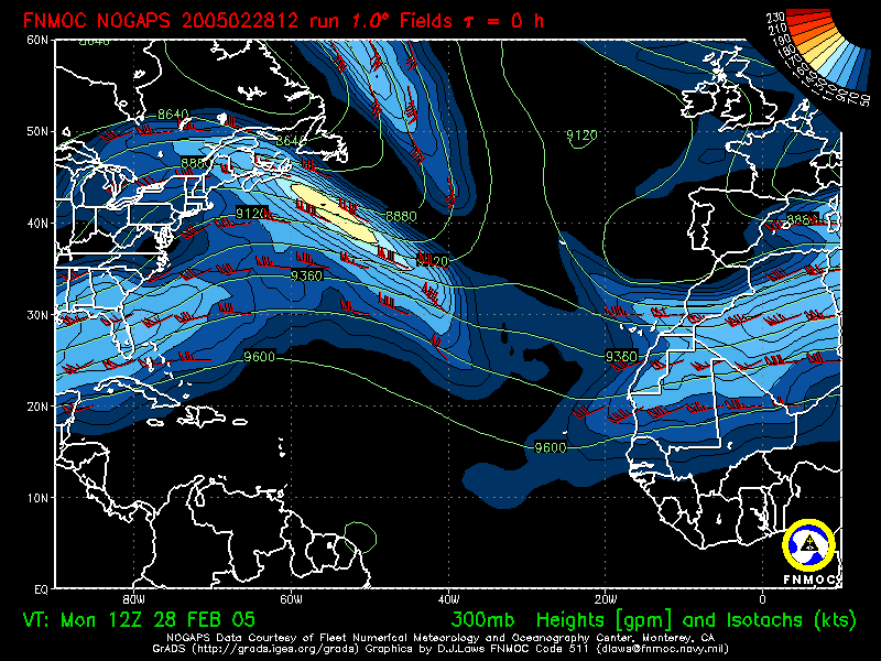 product: 300hPa Heights [m] and Isotachs [kts], area: Atlantic, tau: 000 