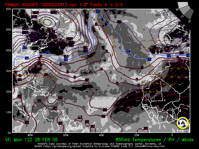 product: 850 hPa Temperature [C], winds [kts] and Rel. Hum. [%], area: Atlantic, tau: 000 